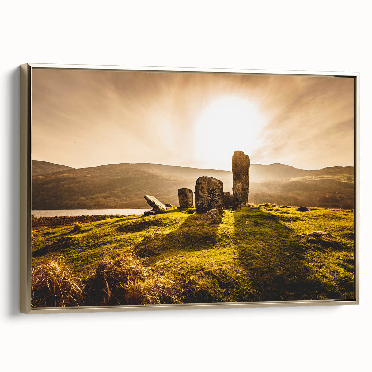 Framed canvas of a vintage-style Irish landscape in muted greens and golds, ideal for bedroom wall art.