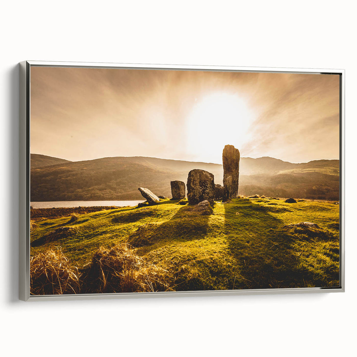 Landscape art painting of a scenic Irish countryside on framed canvas, featuring vibrant green and muted earth tones.