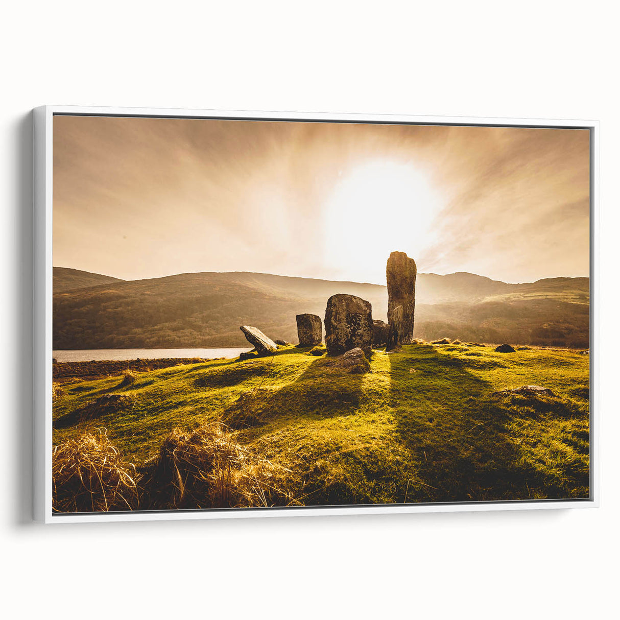Vintage poster art of a scenic Ireland landscape in vibrant colors on a framed canvas, ideal for living room decor.