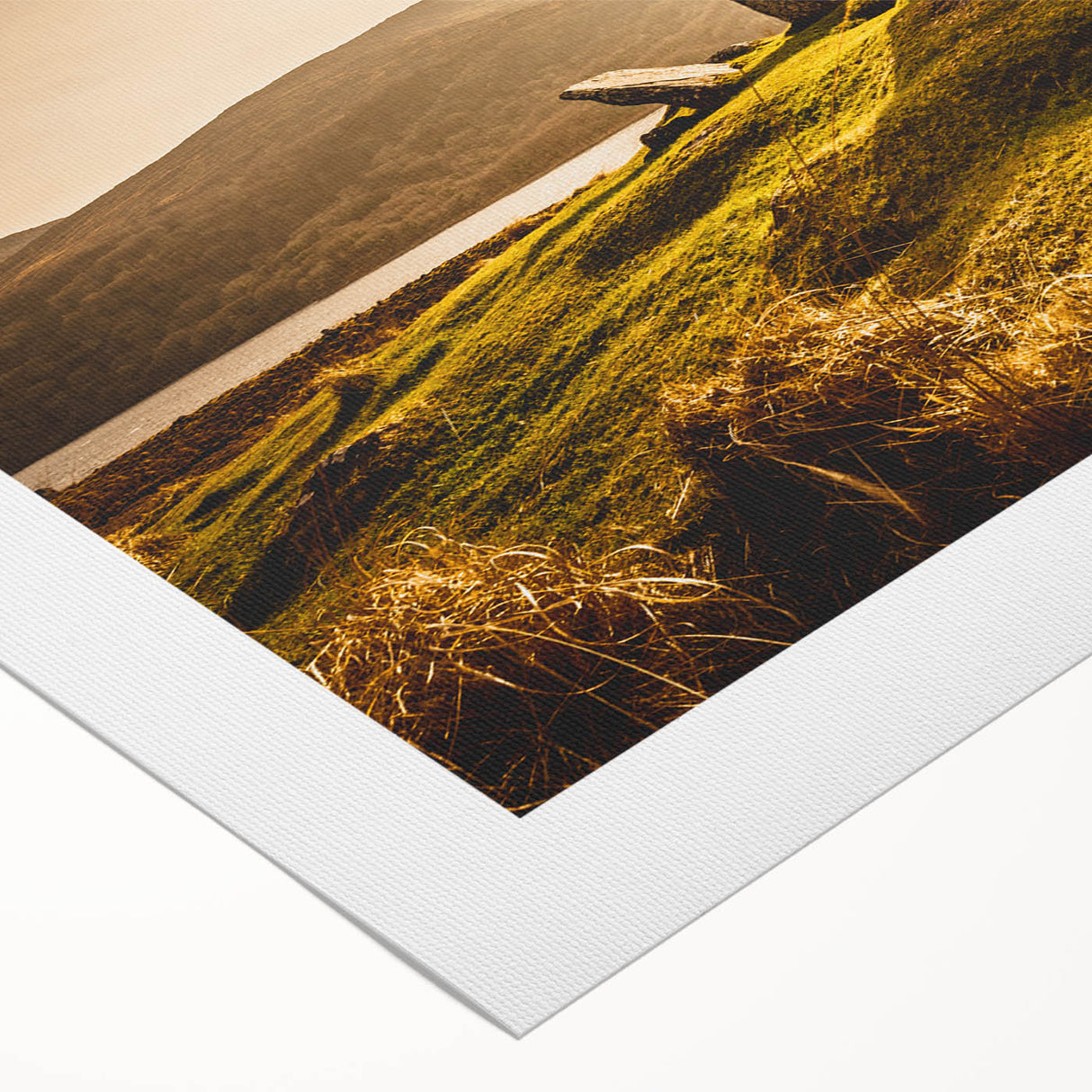 Art deco poster of a serene Irish landscape in muted green and blue tones, printed on rolled canvas.