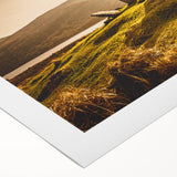 Art deco poster of a serene Irish landscape in muted green and blue tones, printed on rolled canvas.