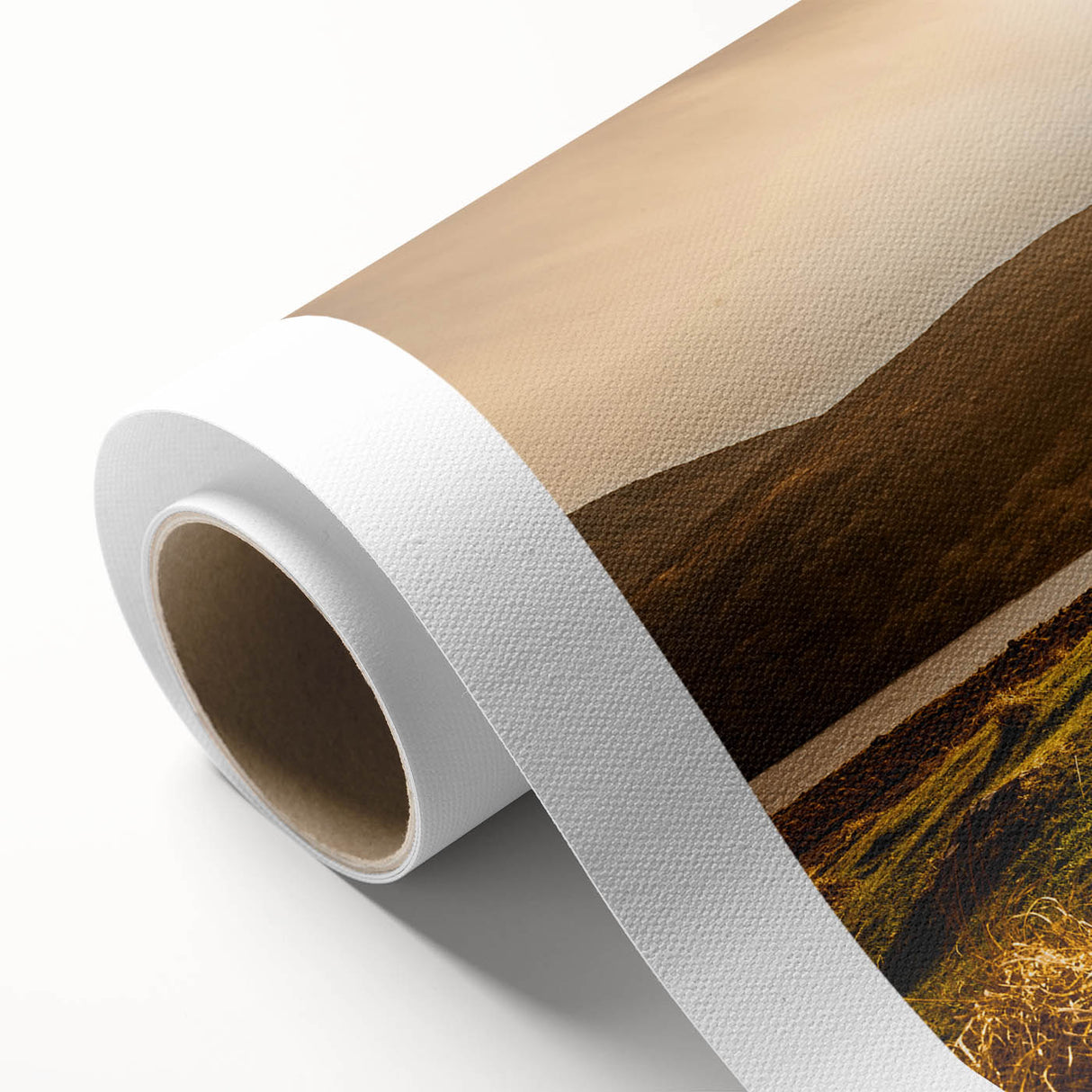 Art deco poster of a serene Irish landscape in soft green and blue tones, printed on rolled canvas.