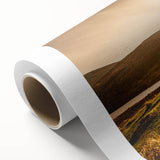Art deco poster of a serene Irish landscape in soft green and blue tones, printed on rolled canvas.