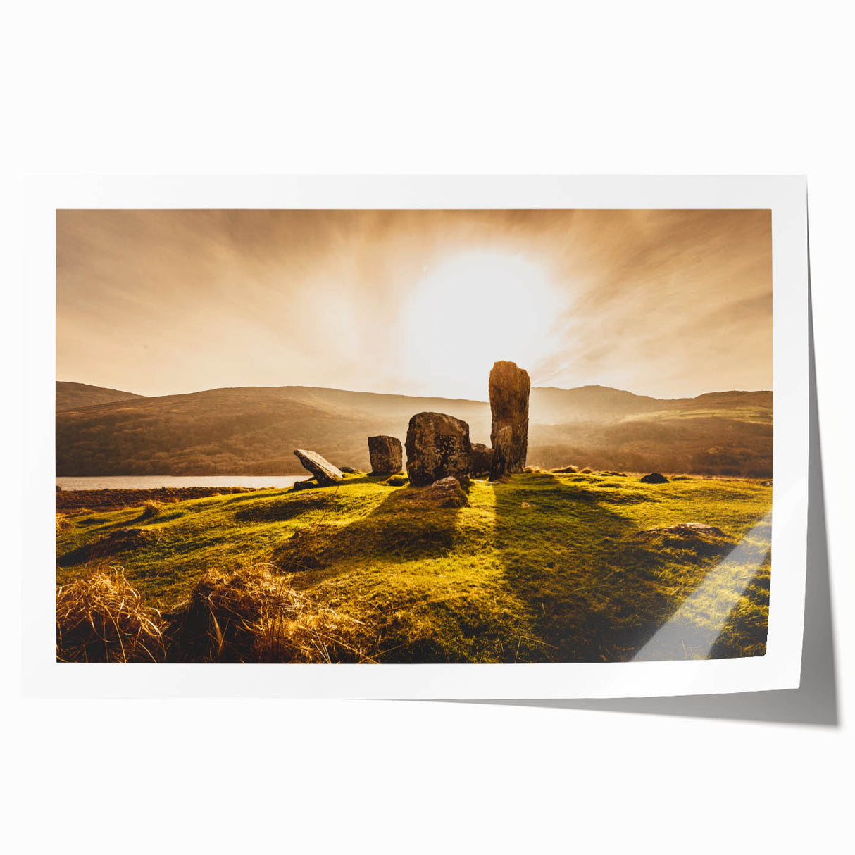 Rolled print of an Irish landscape featuring lush green fields and distant hills, ideal for art wall dining room.