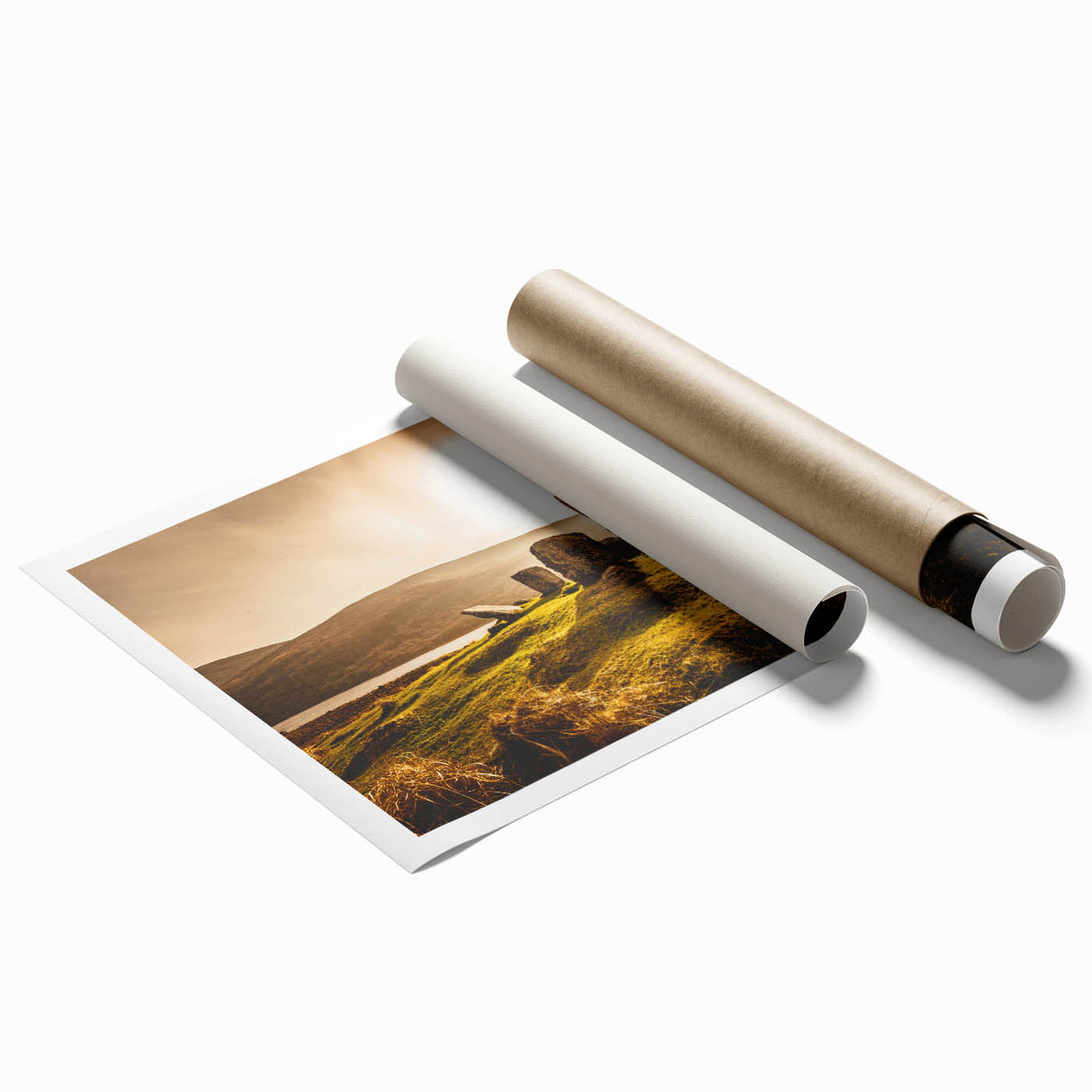 Extra large rolled print of Irish landscape with floral foreground in muted green and brown tones.