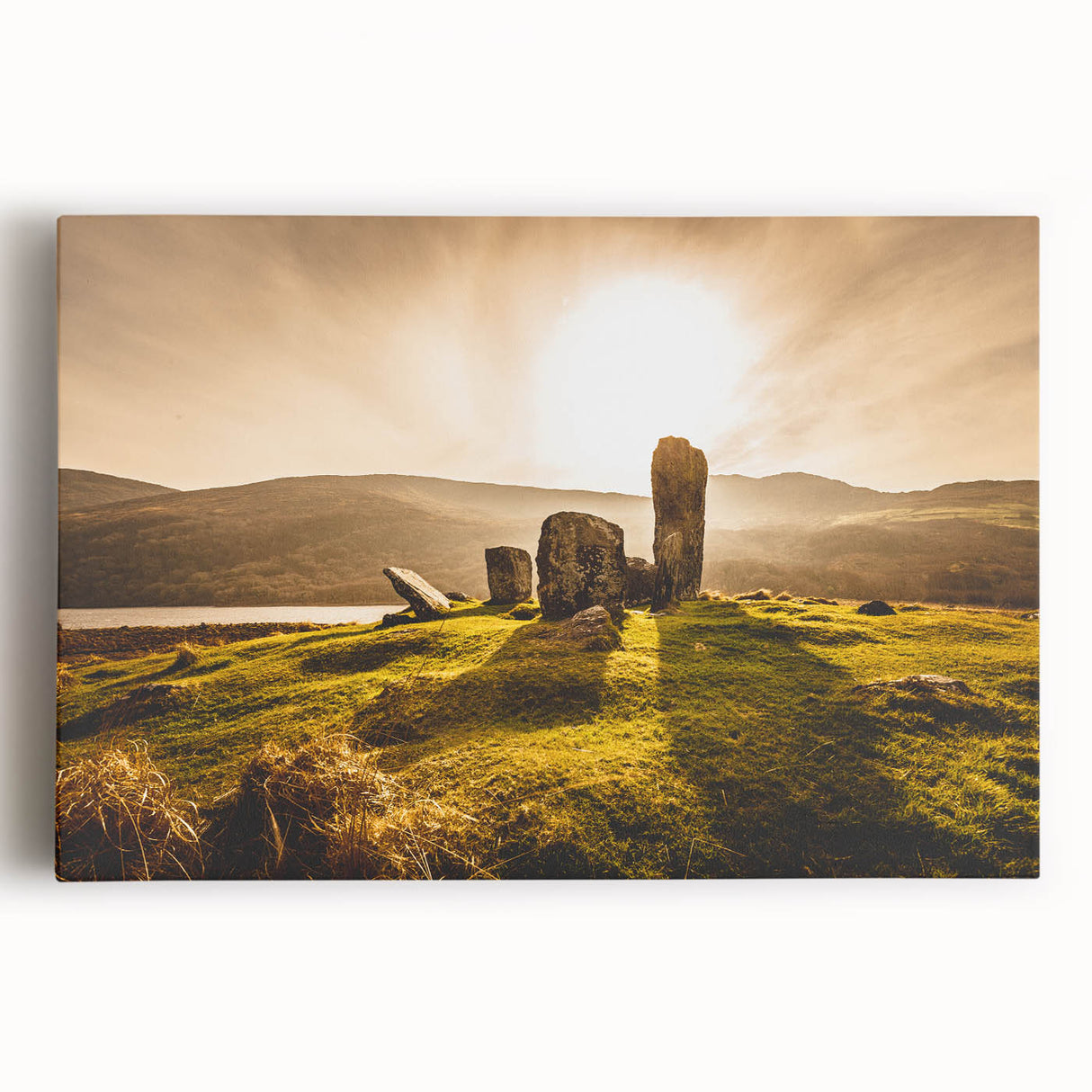 Black and white photo of a scenic Irish landscape on stretched canvas, ideal for kitchen wall art.