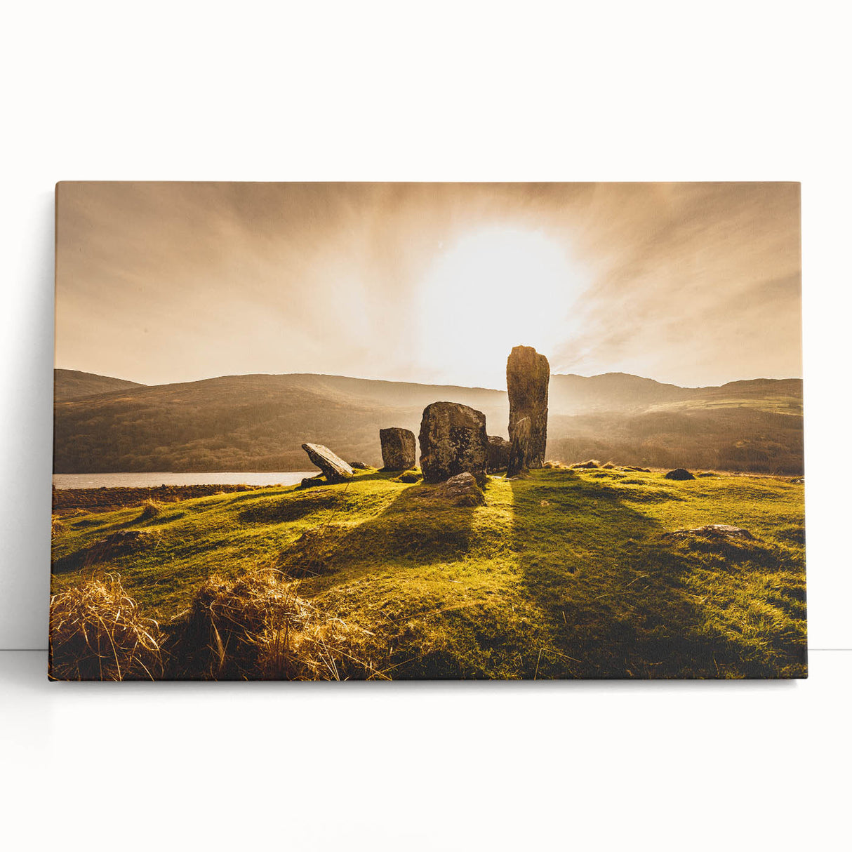 Black and white stretched canvas of a serene Irish landscape, ideal for kitchen wall art.
