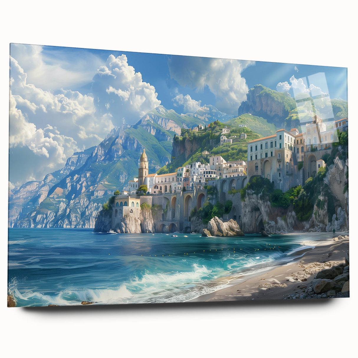 Acrylic print of the Amalfi Coast with vivid blue and terracotta tones, ideal for bedroom or dining room art.