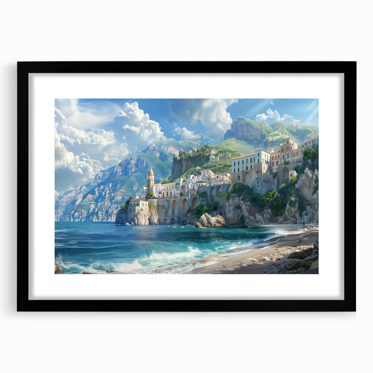 Extra large textured abstract print of Amalfi Coast in vibrant colors on a black framed mat, ideal for living room decor.