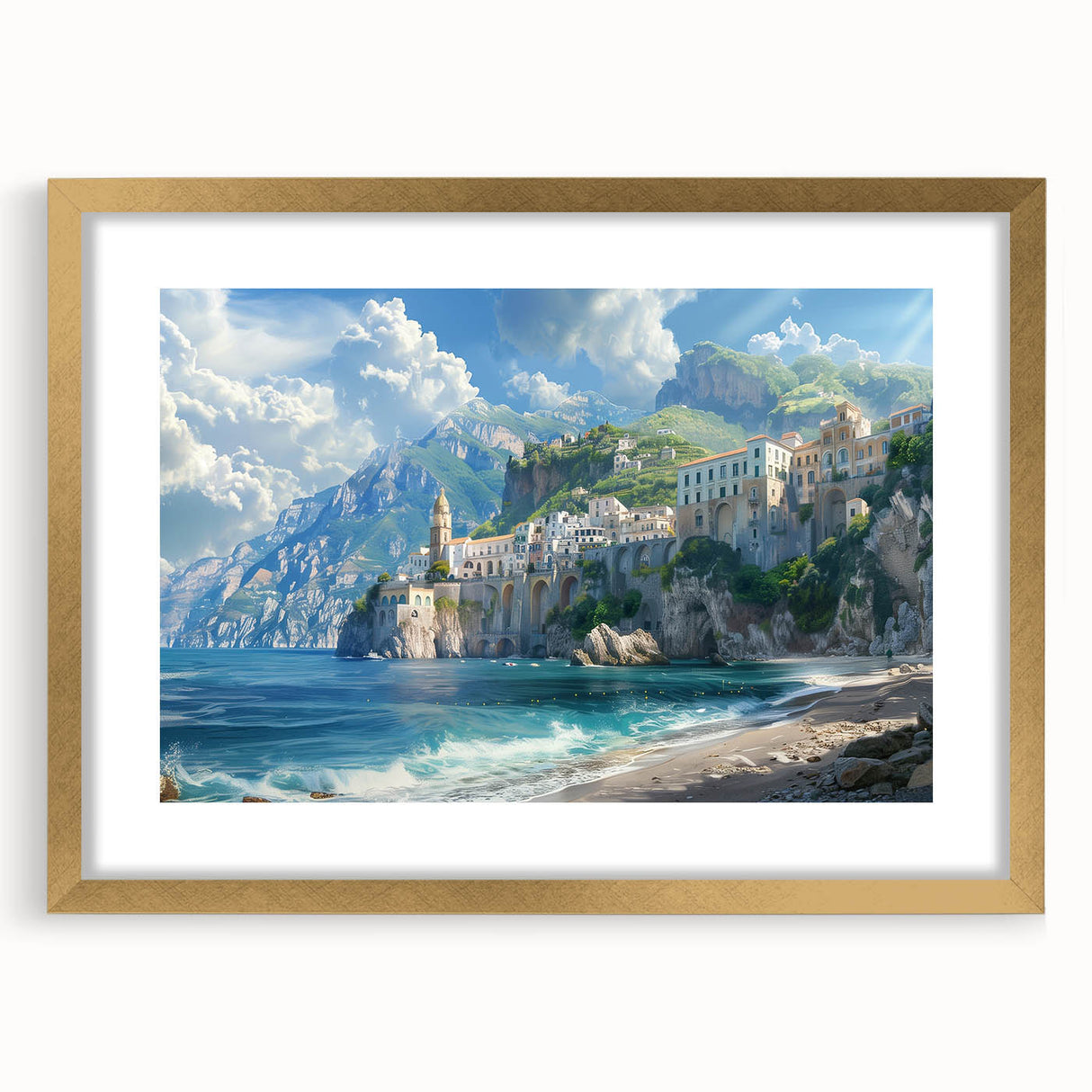 Abstract art print of the Amalfi Coast in pastel shades on a framed gold mat, ideal for bedroom or dining room decor.