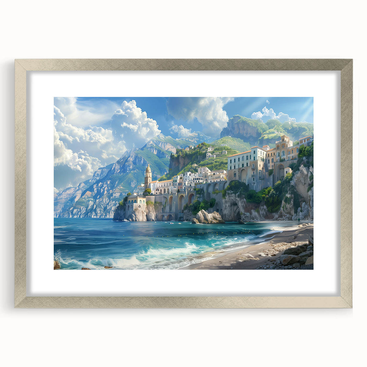 Extra large abstract art print of Amalfi Coast in textured style with silver frame, ideal for living room decor.