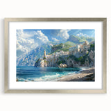 Extra large abstract art print of Amalfi Coast in textured style with silver frame, ideal for living room decor.