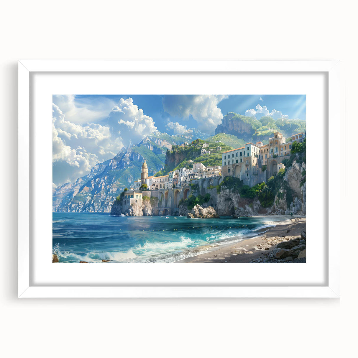 Textured art of the Amalfi Coast with abstract blue and white tones on a framed white mat, suitable for bedroom decor.