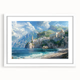 Textured art of the Amalfi Coast with abstract blue and white tones on a framed white mat, suitable for bedroom decor.