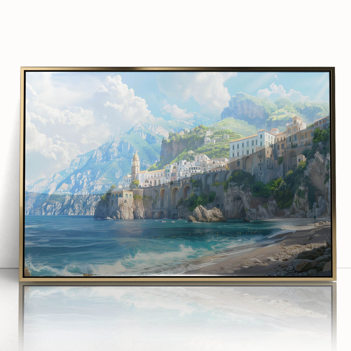 Acrylic print of Amalfi Coast featuring vivid blue and white tones in an art deco style, ideal for modern art wall decor.