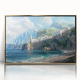 Acrylic print of Amalfi Coast featuring vivid blue and white tones in an art deco style, ideal for modern art wall decor.