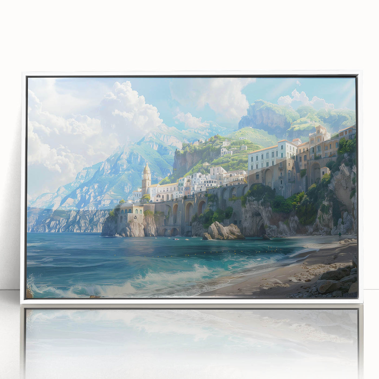 Mid-century modernist art depicting the Amalfi Coast in muted blue and white tones on a framed acrylic print.