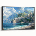 Black and white landscape art of the Amalfi Coast on framed canvas, ideal for bedroom wall decor.