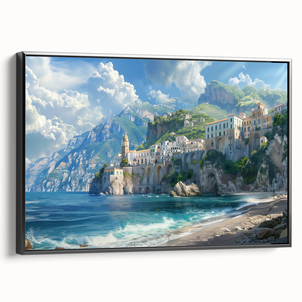 Black and white landscape art of the Amalfi Coast on framed canvas, ideal for bedroom wall decor.