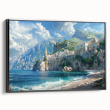 Black and white landscape art of the Amalfi Coast on framed canvas, ideal for bedroom wall decor.