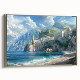 Framed canvas depicting the Amalfi Coast in muted gold and black tones, ideal for bedroom wall art.