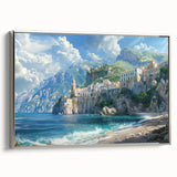 Framed canvas featuring a vintage-style landscape painting of the Amalfi Coast in Italy.