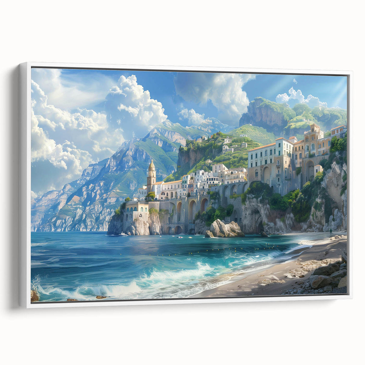Vintage poster art of the Amalfi Coast in vibrant colors on a large framed canvas, suitable for living room decor.