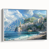 Vintage poster art of the Amalfi Coast in vibrant colors on a large framed canvas, suitable for living room decor.