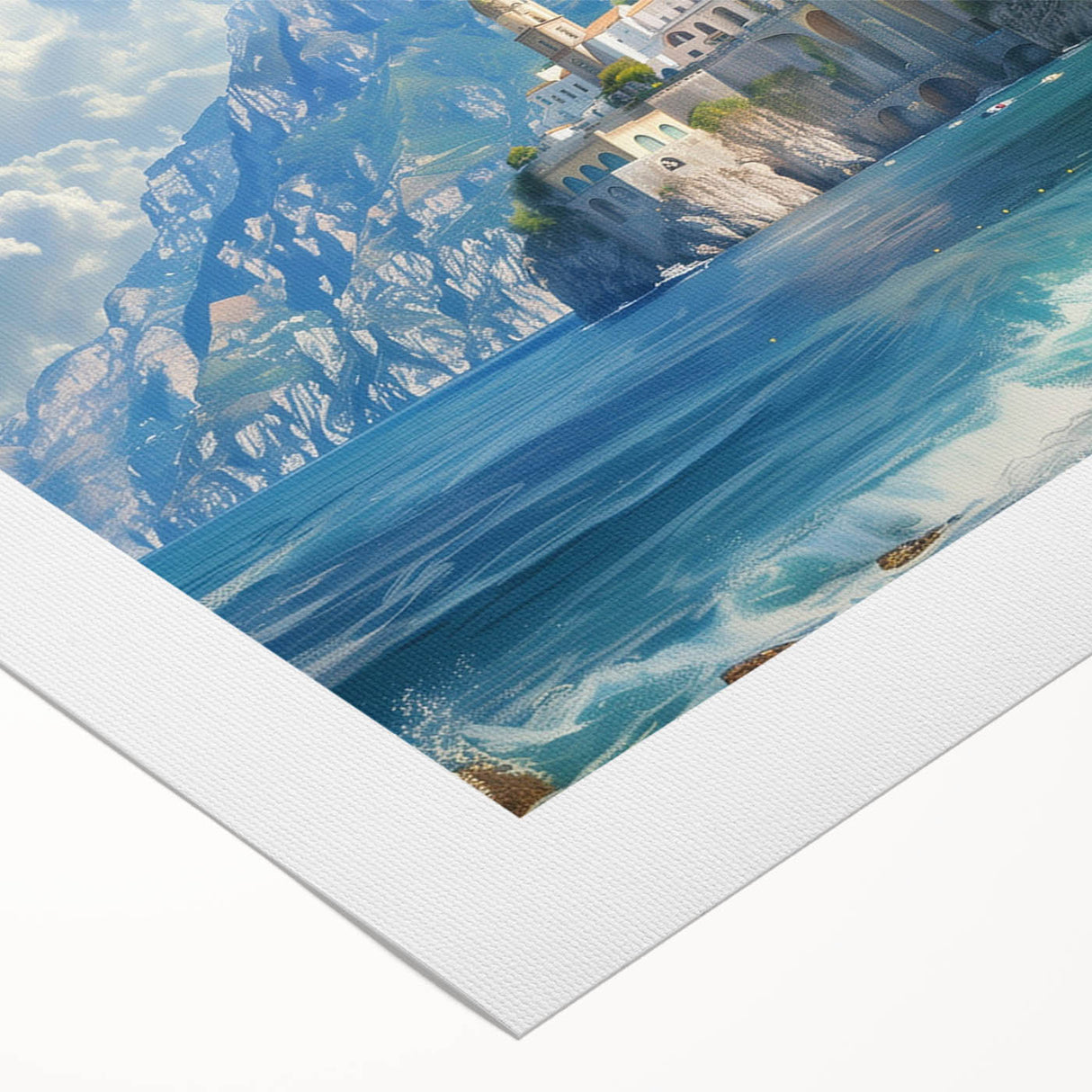 Art deco poster of Amalfi Coast with vibrant blue and terracotta hues on rolled canvas, ideal for dining room wall art.