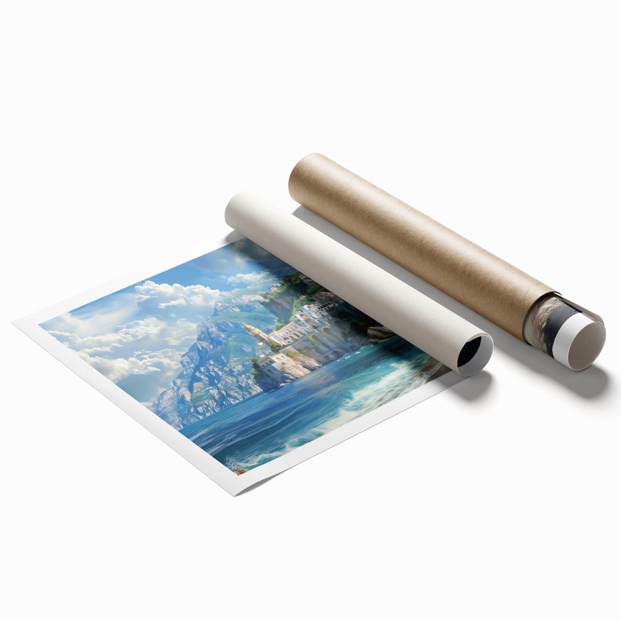 Extra large rolled print of Amalfi Coast with vibrant blue and white tones, ideal for classy bathroom wall art.