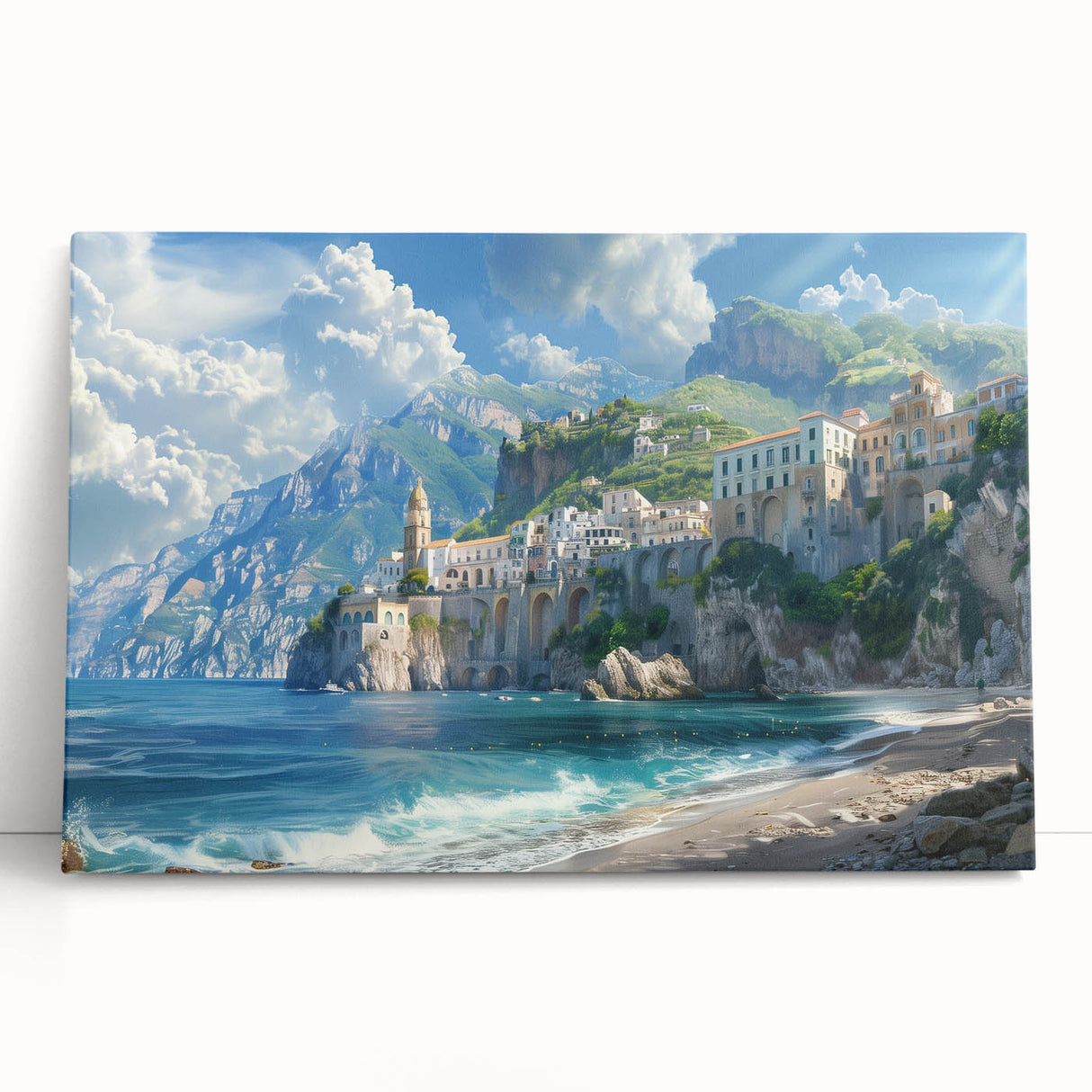 Black and white stretched canvas of the Amalfi Coast, ideal for kitchen wall art.