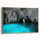 Framed canvas of a vintage-style Capri landscape, featuring muted blues and greens, perfect for bedroom wall art.