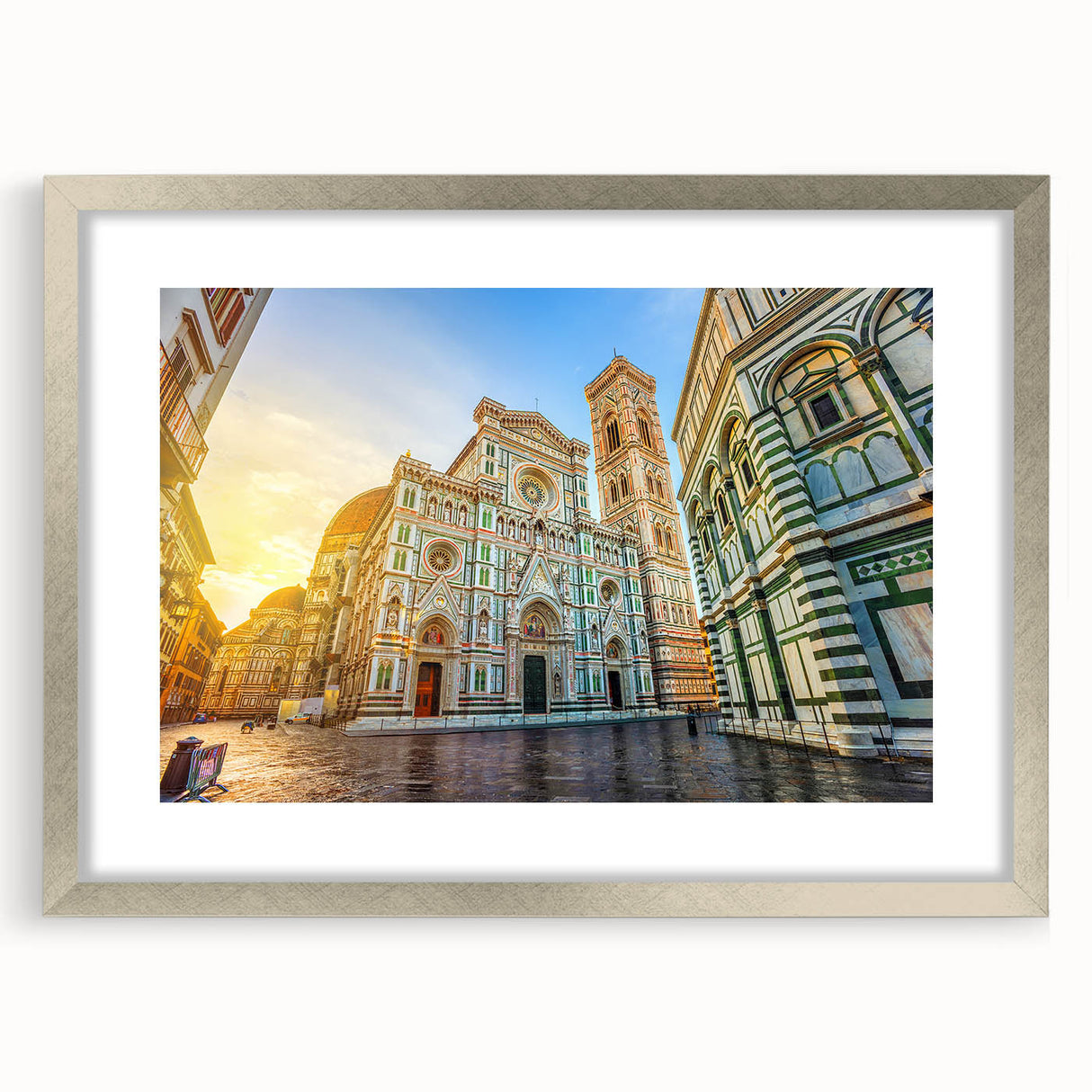 Extra large wall art featuring a textured abstract of Florence, Italy in muted earth tones, framed in silver.