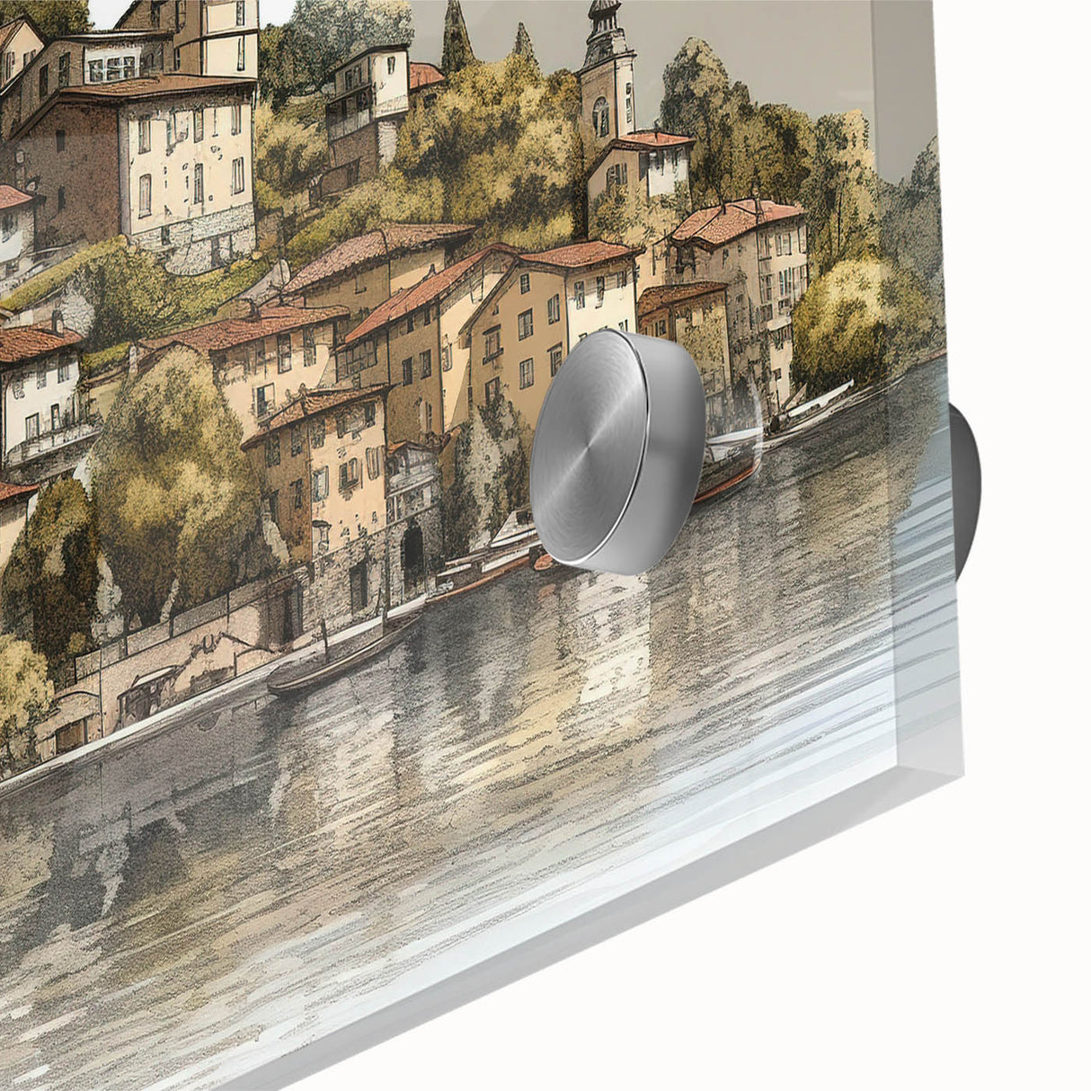 Mid-century modernist art of Lake Como with muted blue and green tones on acrylic glass, ideal for dining room art.