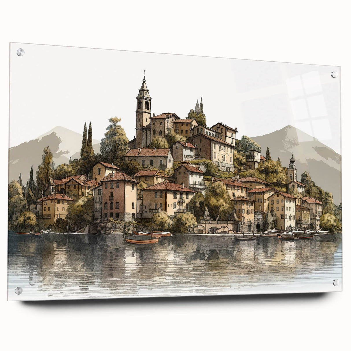 Acrylic print of Lake Como with muted blues and greens, ideal for dining room decor.