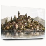 Acrylic print of Lake Como with vibrant blue and green hues, ideal for bedroom or dining room art.