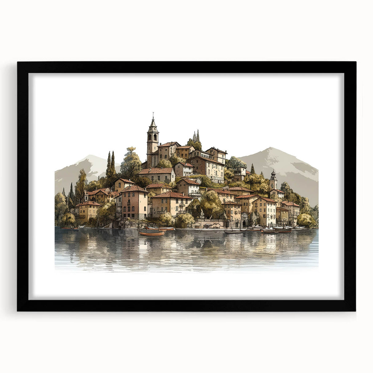 Extra large wall art of Lake Como with vibrant, textured colors on a framed black mat, ideal for living room decor.