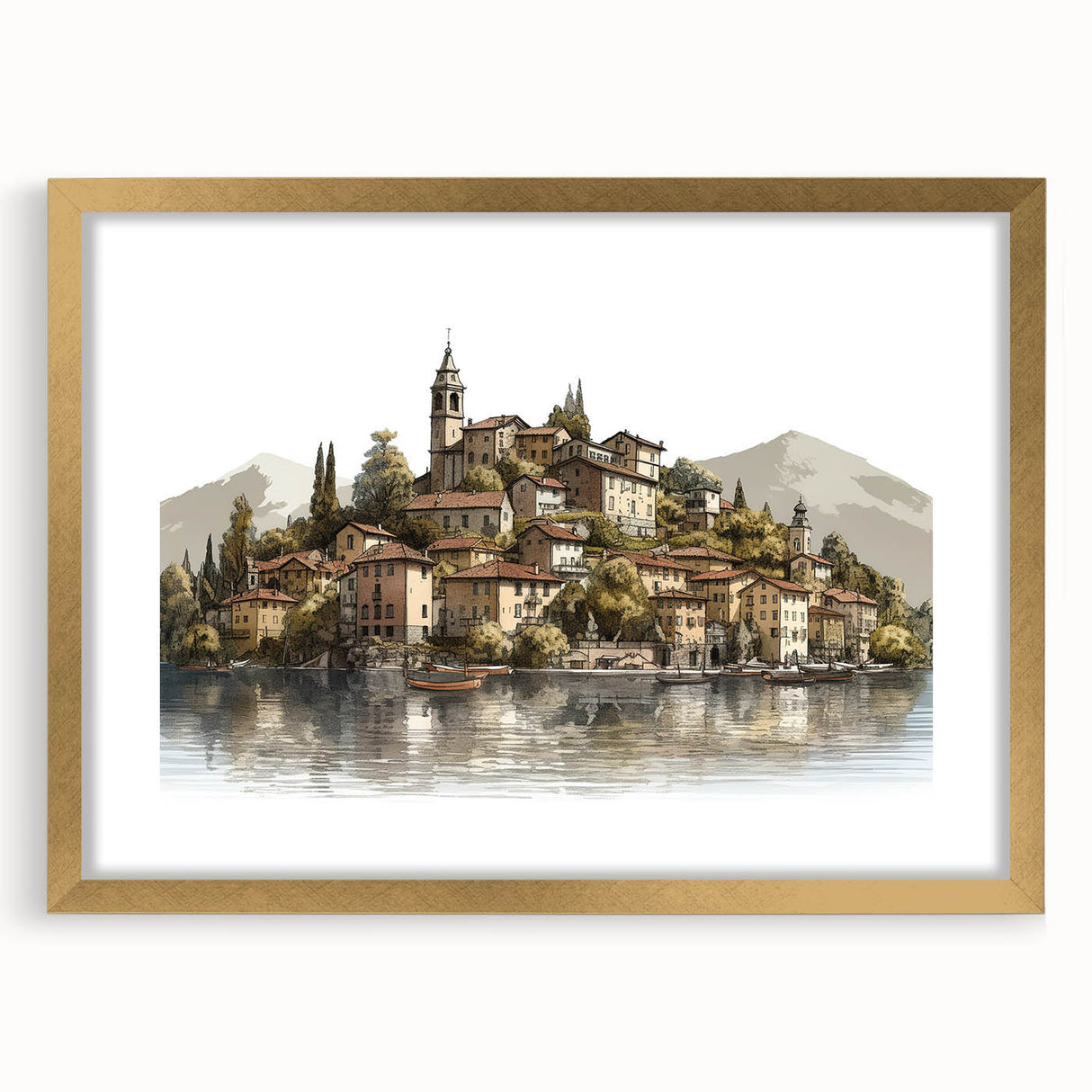 Abstract art print of Lake Como with soft blue and green hues on a framed gold mat, suitable for dining room decor.