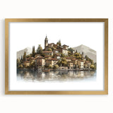 Abstract art print of Lake Como with soft blue and green hues on a framed gold mat, suitable for dining room decor.