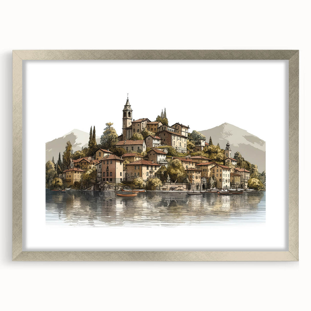 Extra large abstract art print of Lake Como with textured elements in muted tones, framed in silver.