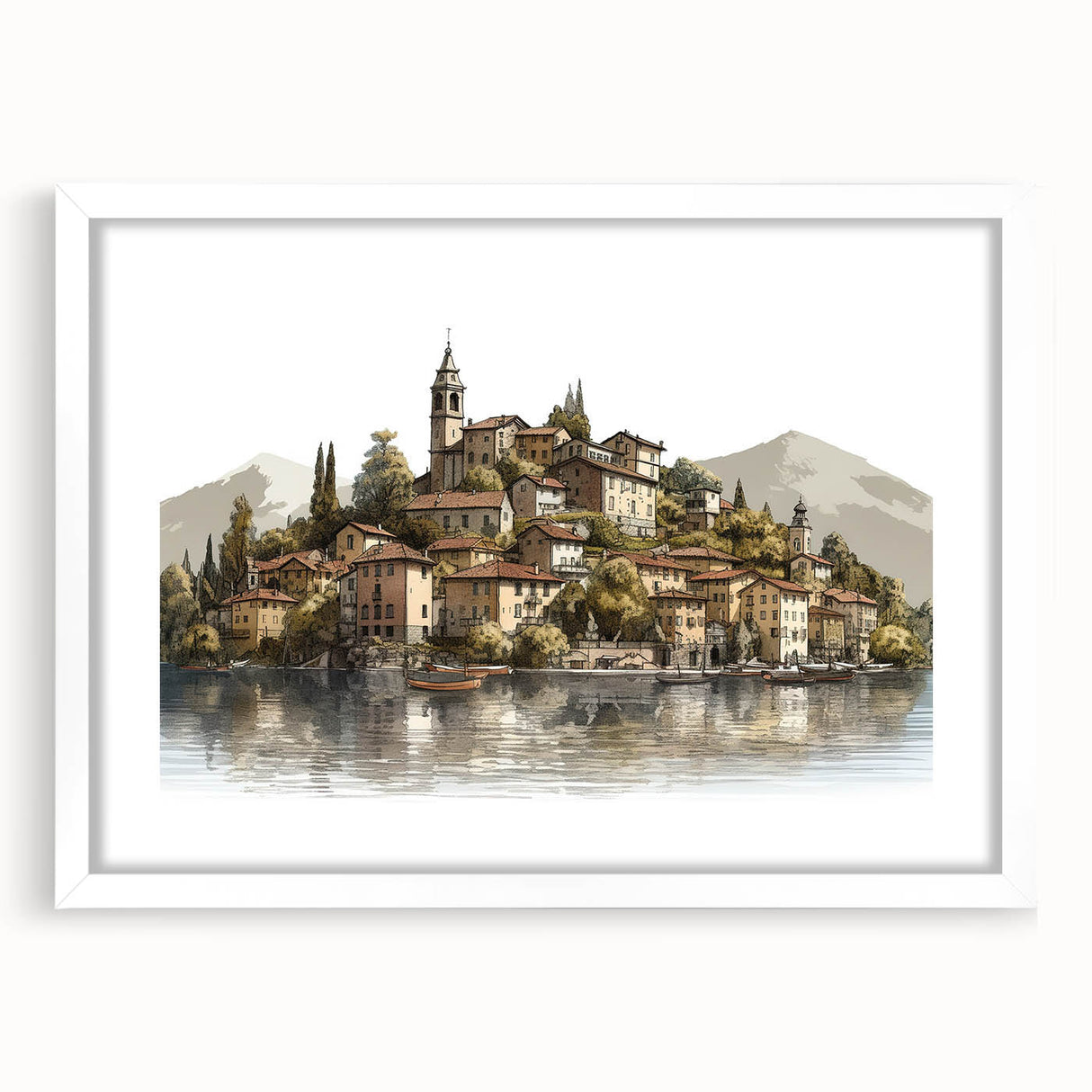 Textured abstract art print of Lake Como with muted blue and green palette on a framed white mat, ideal for bedroom art.