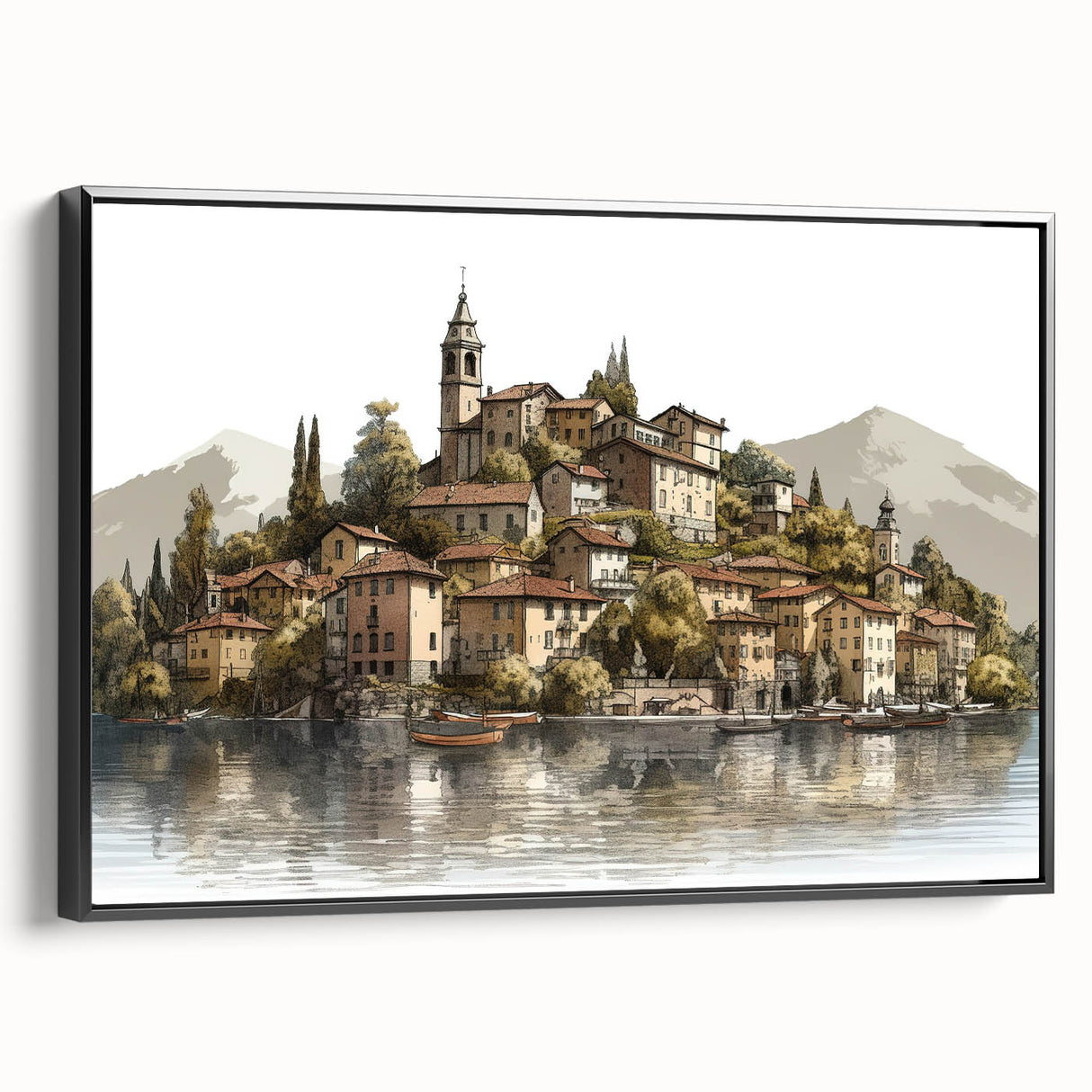 Black and white landscape art painting of Lake Como on framed canvas, ideal for bedroom wall decor.