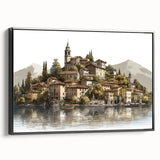 Black and white landscape art painting of Lake Como on framed canvas, ideal for bedroom wall decor.