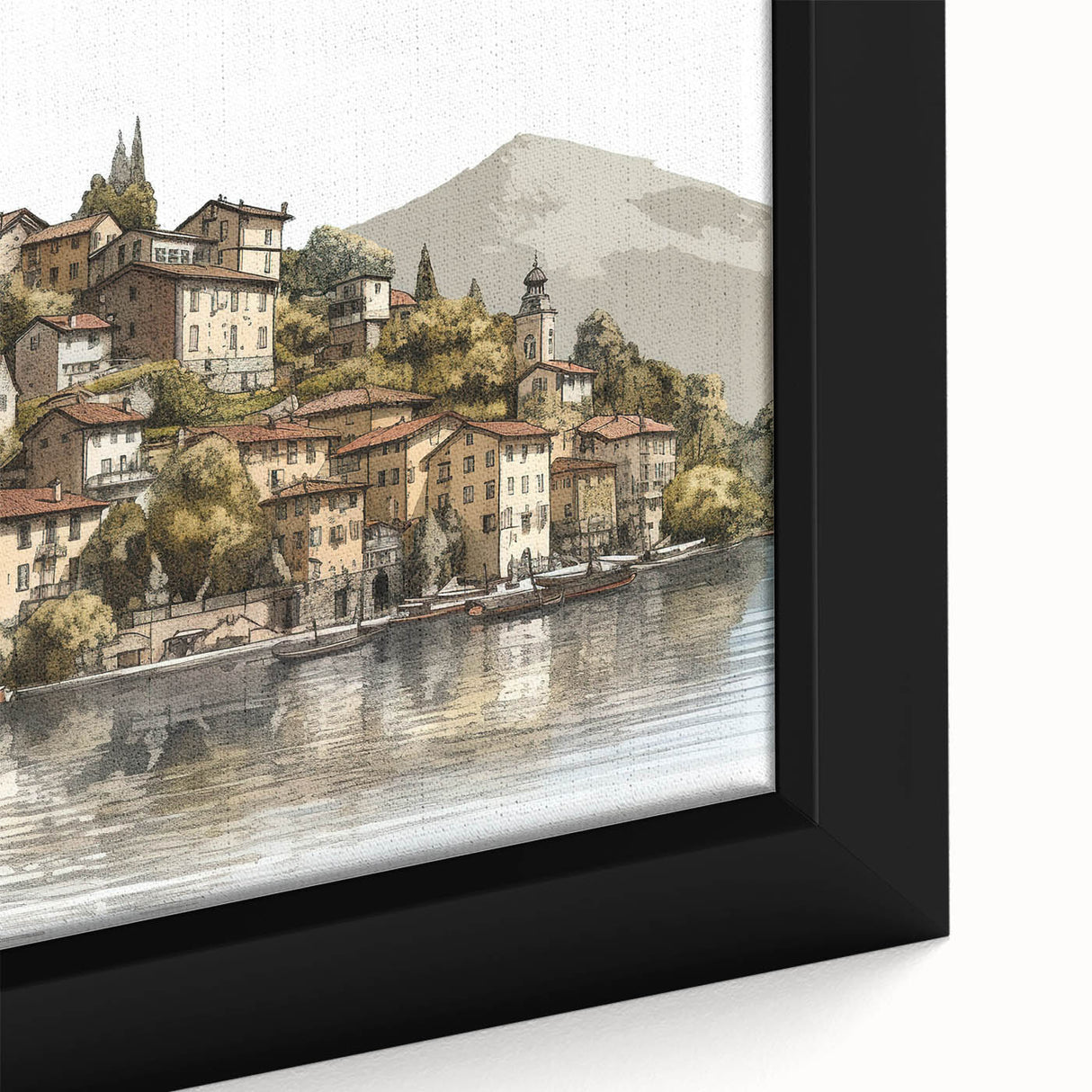 Extra large black wall art of Lake Como with colorful, textured scenery on framed canvas, ideal for living room decor.