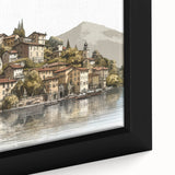 Extra large black wall art of Lake Como with colorful, textured scenery on framed canvas, ideal for living room decor.