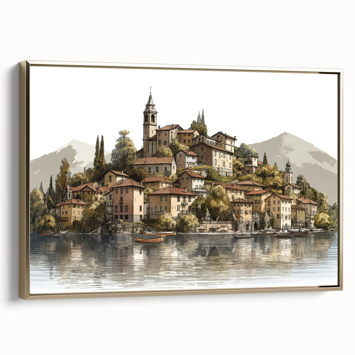 Framed canvas featuring a vintage-style landscape painting of Lake Como in muted gold and black tones.