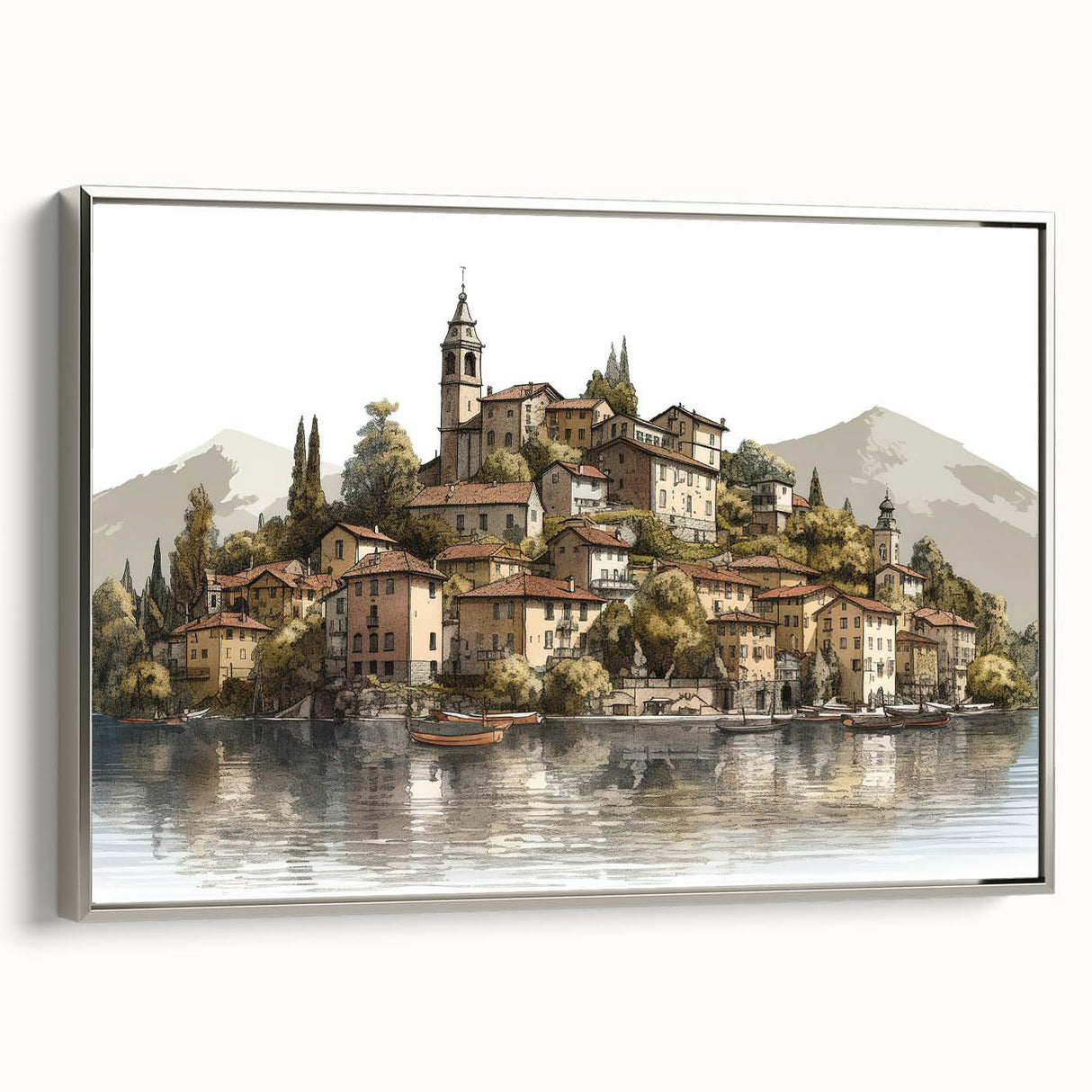 Landscape art painting of Lake Como with colorful palette, framed in silver on canvas, suitable for living room decor.
