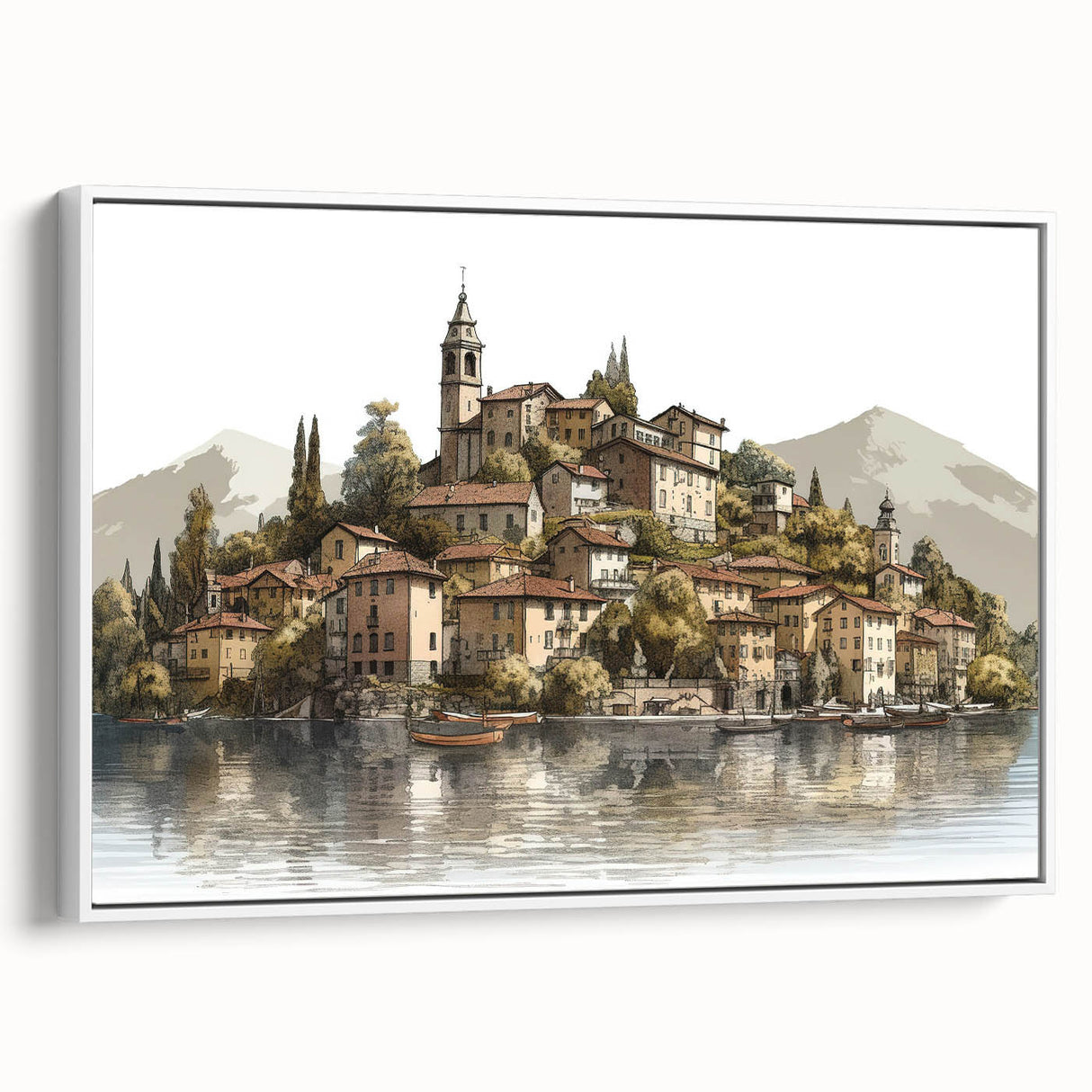 Vintage poster art of Lake Como with vibrant colors on extra large framed canvas, ideal for living room decor.