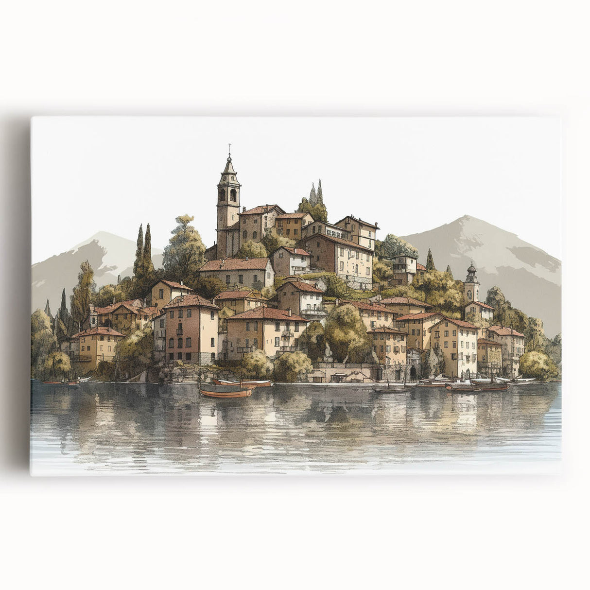 Black and white photograph of Lake Como on stretched canvas, ideal for kitchen wall art or bedroom ambiance.