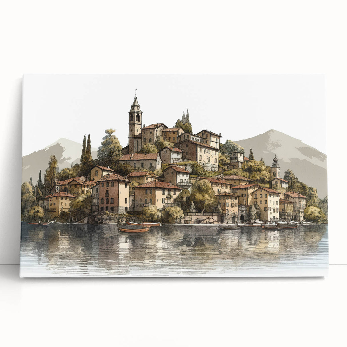 Black and white large art print of Lake Como, Italy on stretched canvas, ideal for kitchen wall art.
